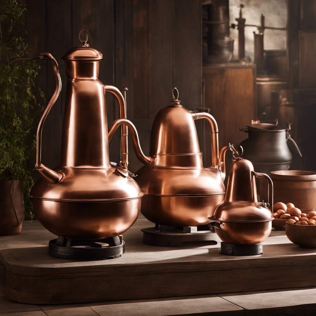 An image featuring a rustic, sunlit factory with towering copper kettles, where skilled artisans meticulously blend aromatic grains