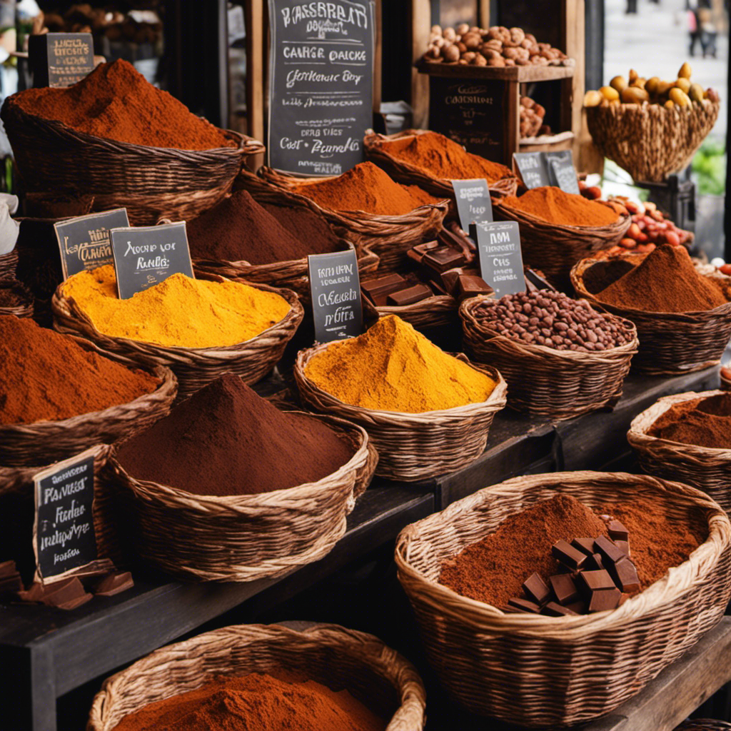 An image showcasing a vibrant farmers market stall, overflowing with heaps of premium-grade raw cacao powder