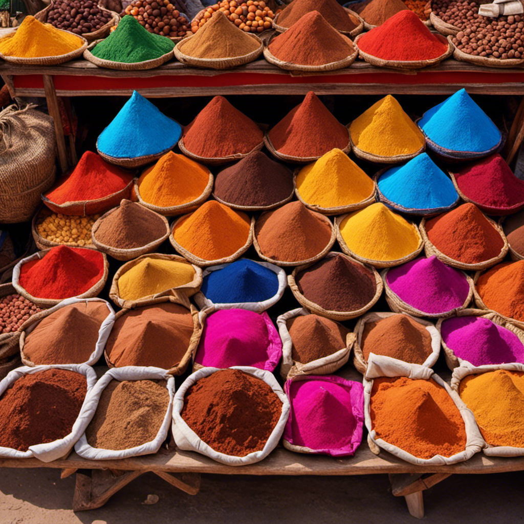 An image showcasing a vibrant marketplace, filled with rows of colorful stalls adorned with sacks of premium raw cacao powder