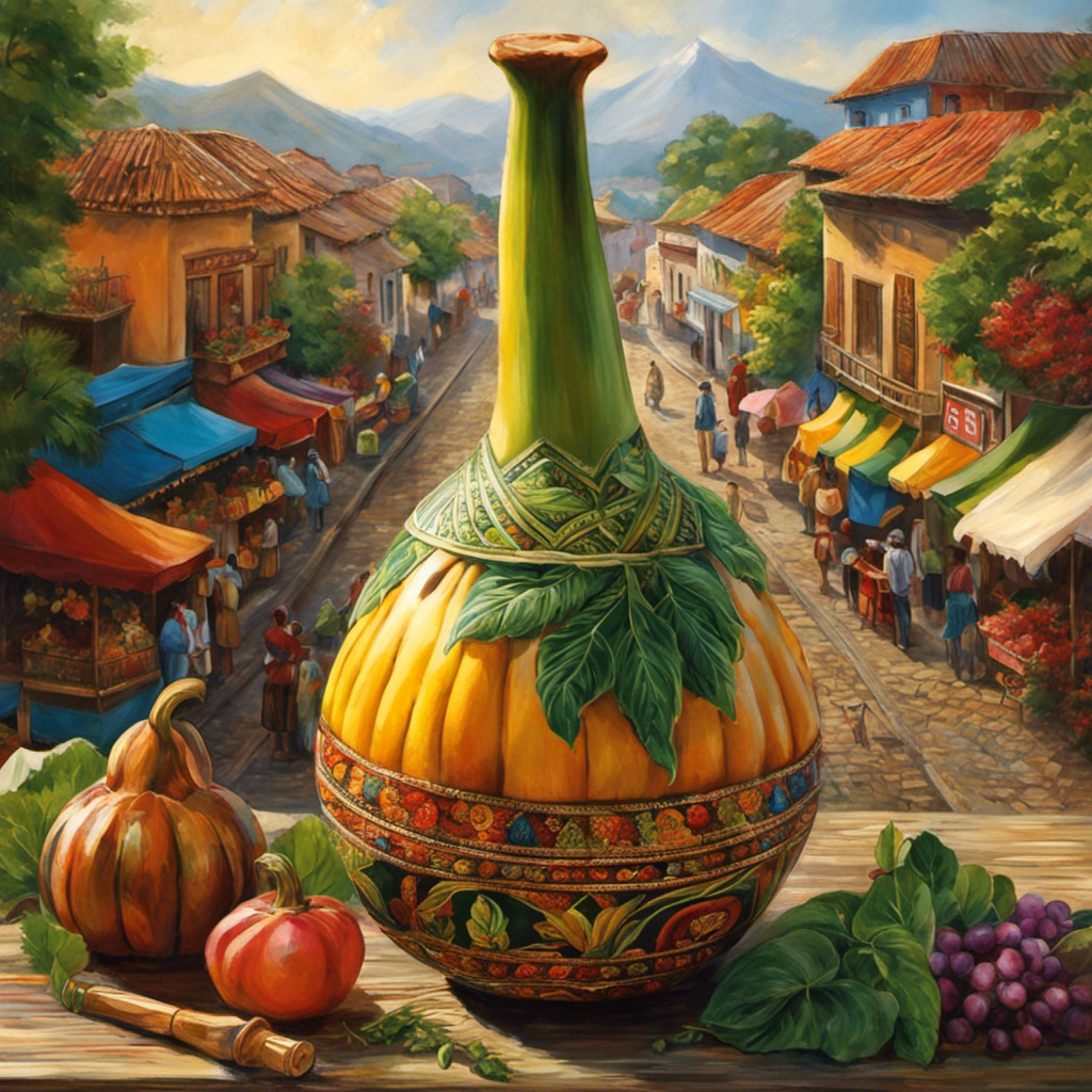 An image showcasing the vibrant culture of South America, featuring a traditional gourd filled with yerba mate tea, surrounded by lush greenery and the bustling streets of a lively market