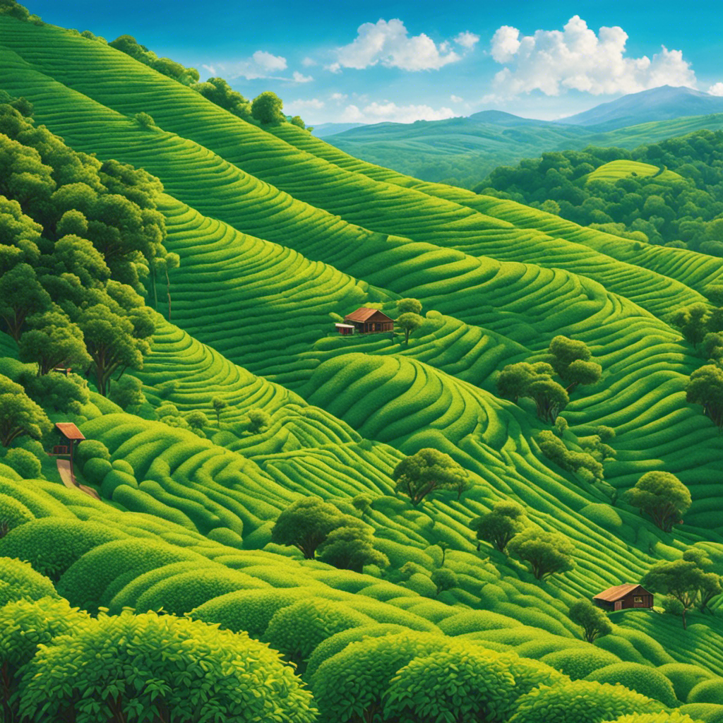 A vibrant, immersive image depicting rolling hills of lush, emerald green Yerba Mate plantations, nestled amongst towering trees, under the canopy of a clear blue sky, with workers carefully harvesting the leaves