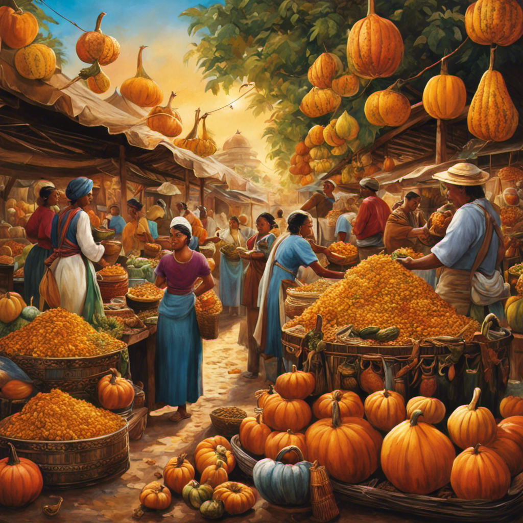 An image depicting a bustling market scene with vibrant stalls adorned with gourds, bombillas, and yerba mate tea bags