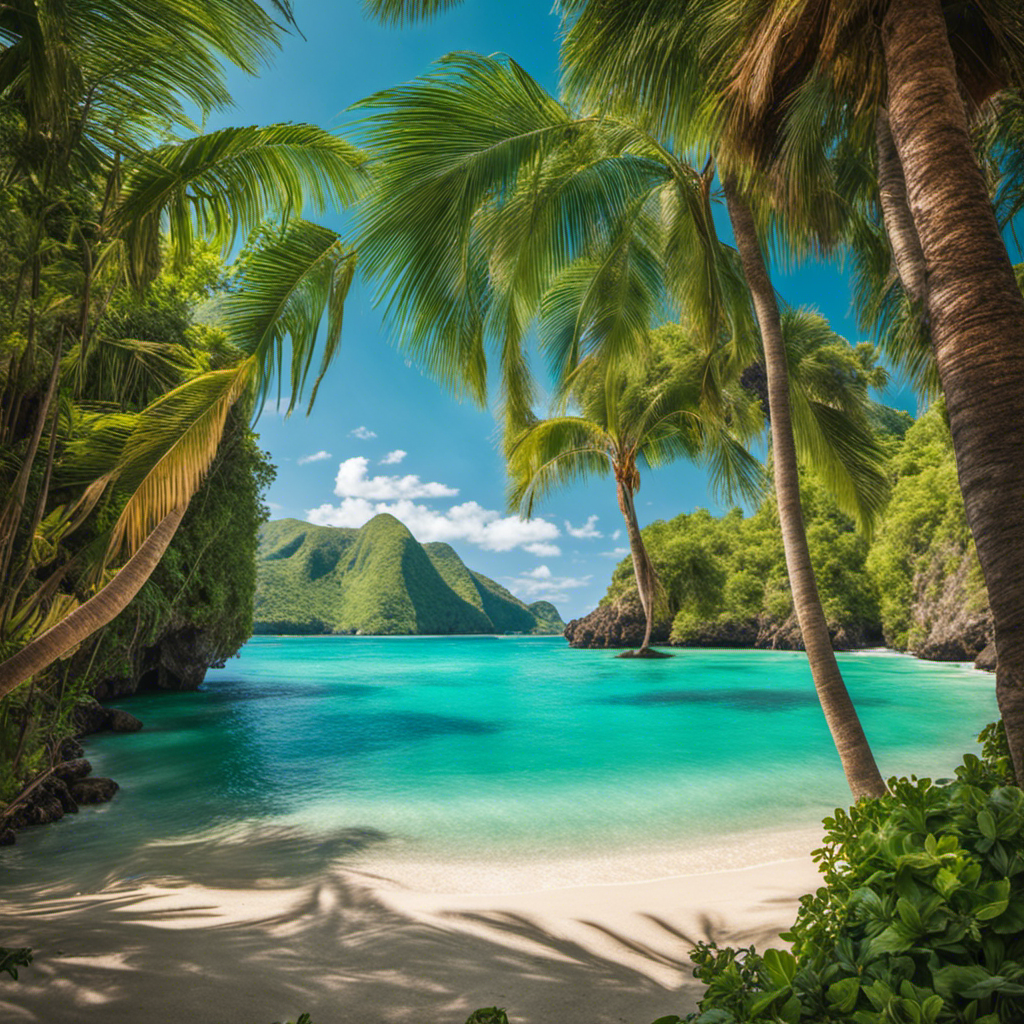 An image that captures the essence of Isla Yerba Mate, showcasing lush green hills rolling into crystal-clear turquoise waters, with vibrant palm trees swaying along the sandy shoreline, inviting viewers to explore this hidden gem