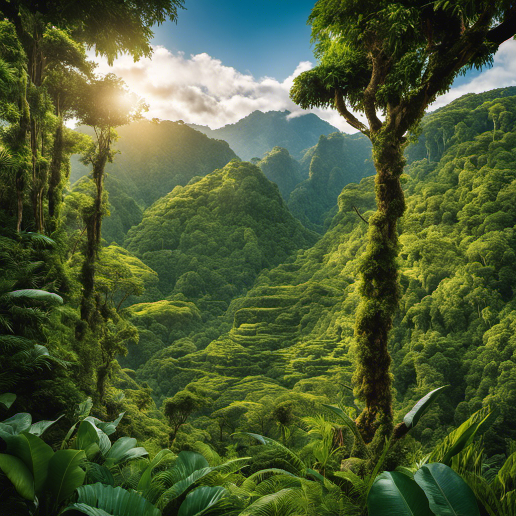An image showcasing the lush, dense rainforests of South America, with towering evergreen trees serving as a canopy for sprawling yerba mate plantations