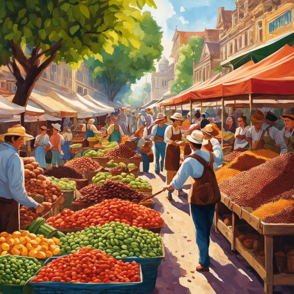 An image showcasing a vibrant, bustling farmer's market, brimming with stalls displaying luscious raw cacao beans, surrounded by eager shoppers, eagerly inspecting and selecting their preferred beans