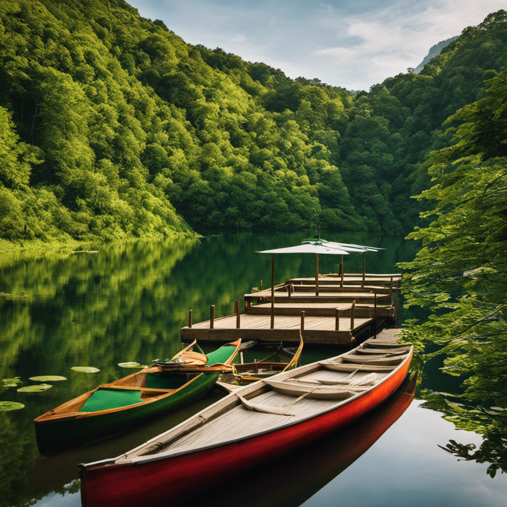 An image showcasing a serene river surrounded by lush greenery, with a quaint wooden dock in the foreground