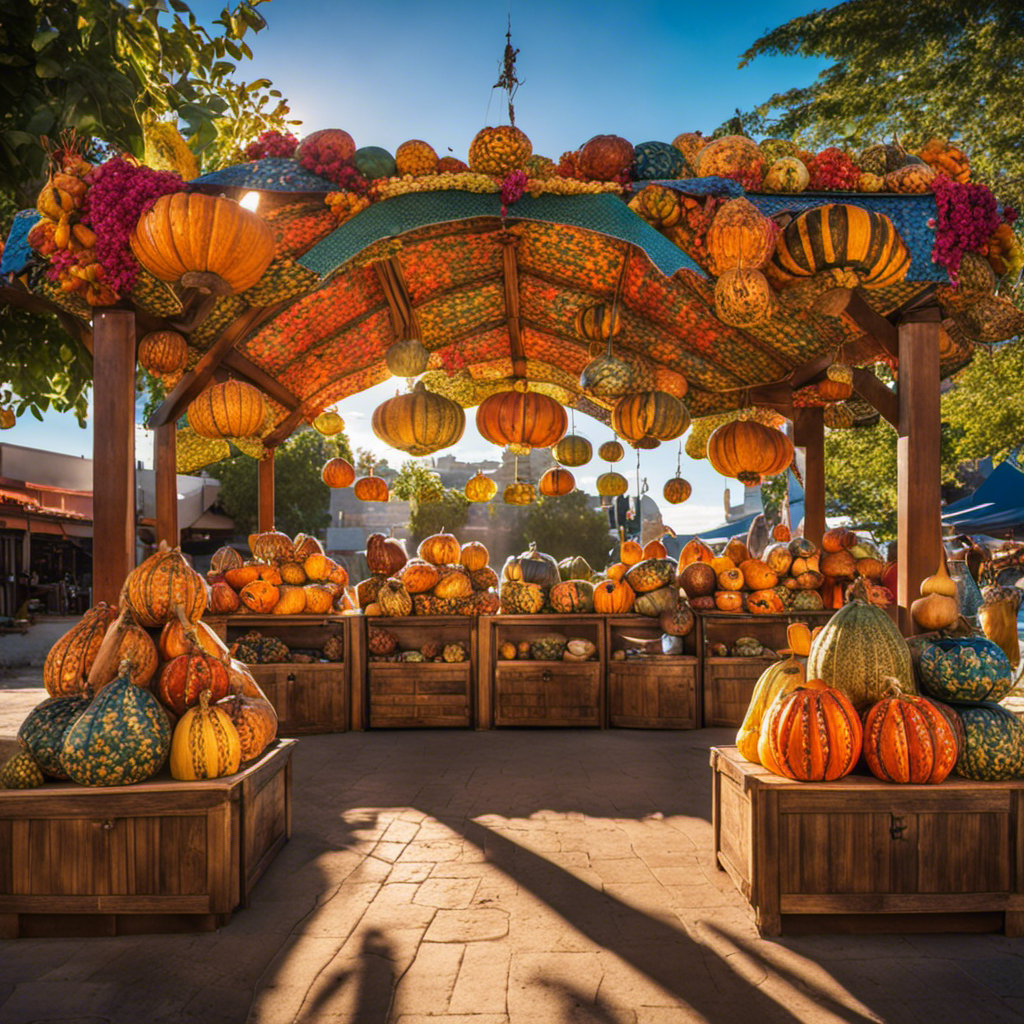 An image showcasing a vibrant marketplace adorned with wooden stalls, brimming with assorted yerba mate gourds
