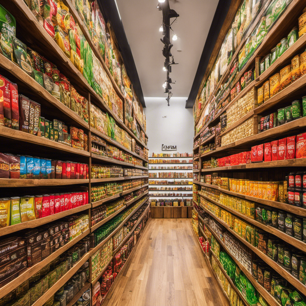 An image featuring a vibrant display of various brands and flavors of Yerba Mate cases neatly stacked on shelves, with price tags clearly visible
