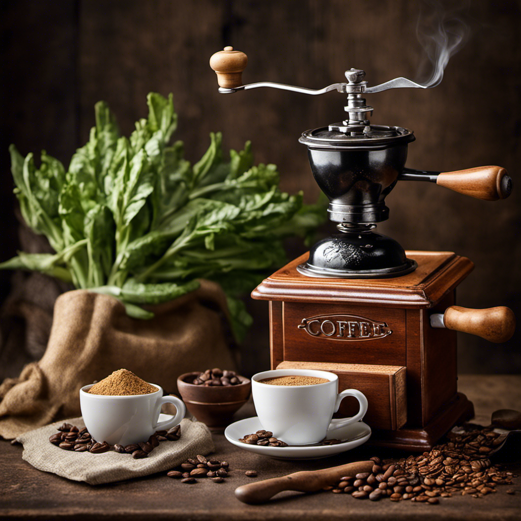An image that showcases a cozy rustic kitchen setting with a vintage coffee grinder, a bag of chicory root, and a steaming cup of rich, aromatic chicory root coffee substitute, tempting the reader's taste buds