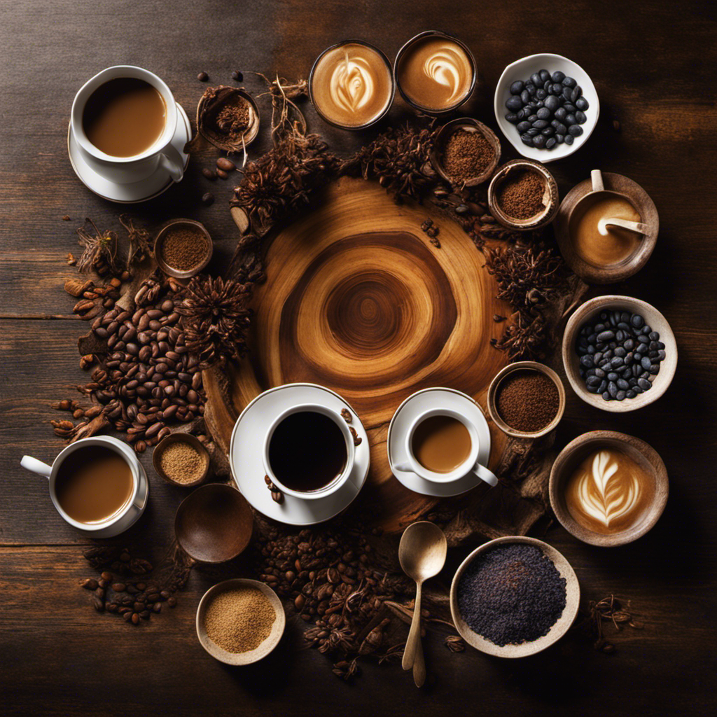 An image showcasing a rustic wooden table adorned with a vibrant, steaming cup of chicory root coffee substitute