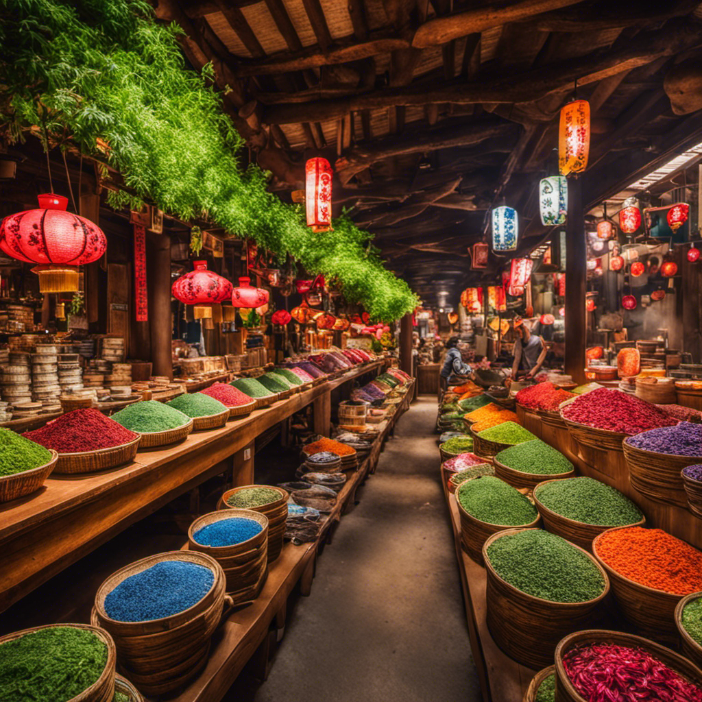 An image showcasing a vibrant tea market in Fujian, China