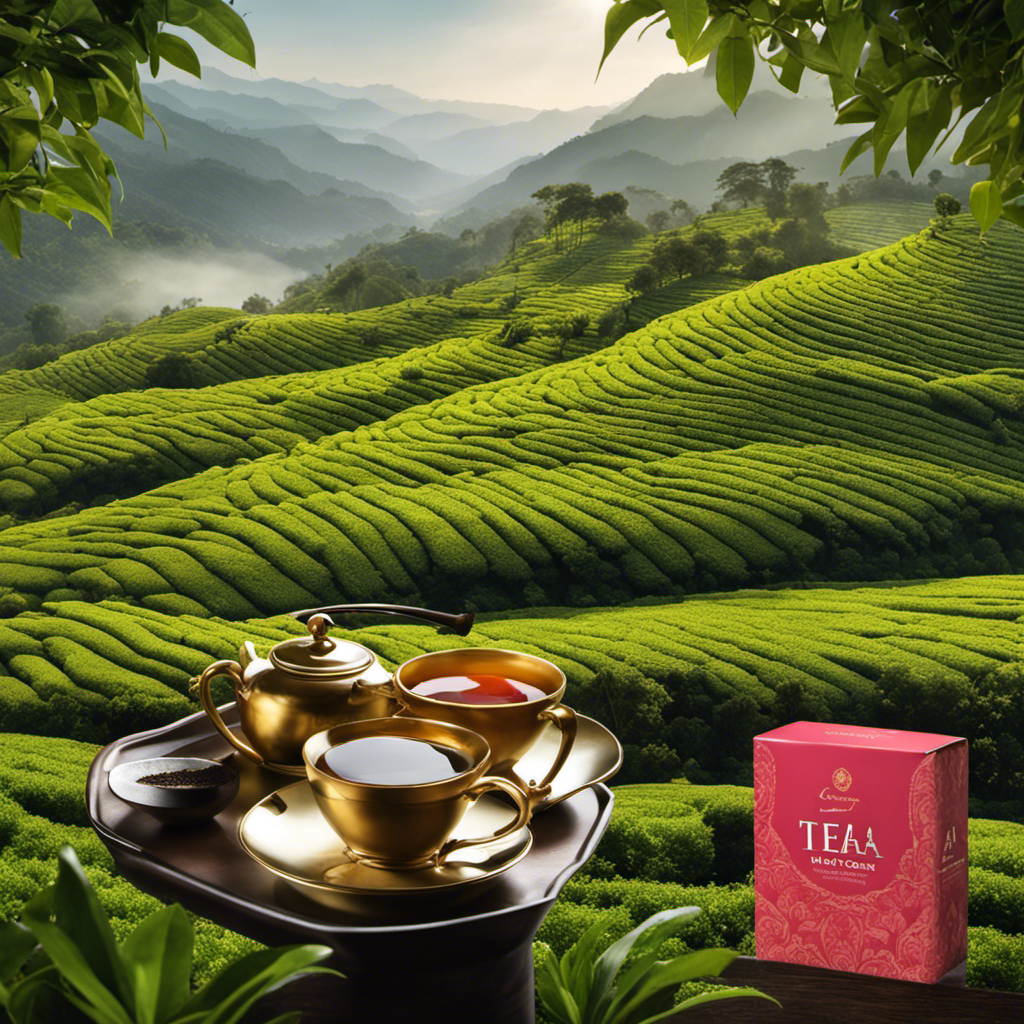 An image showcasing a serene tea plantation nestled in the misty mountains, adorned with lush green tea leaves