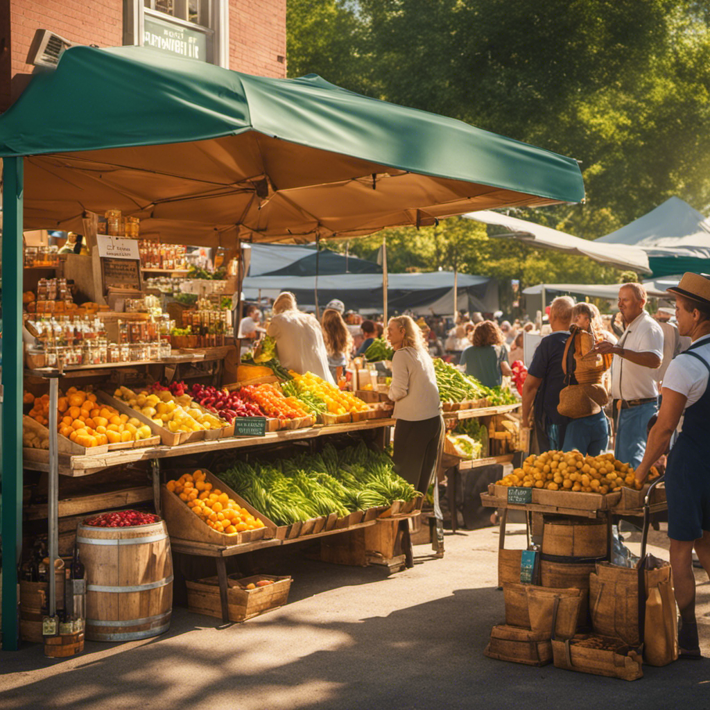 An image showcasing a vibrant farmers market with a bustling crowd