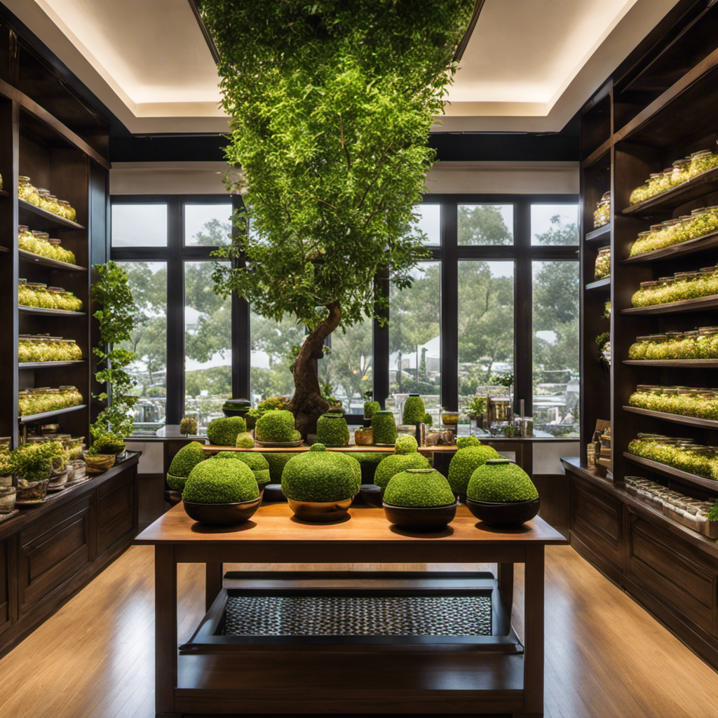 An image showcasing a serene tea shop in Rowland Heights, California