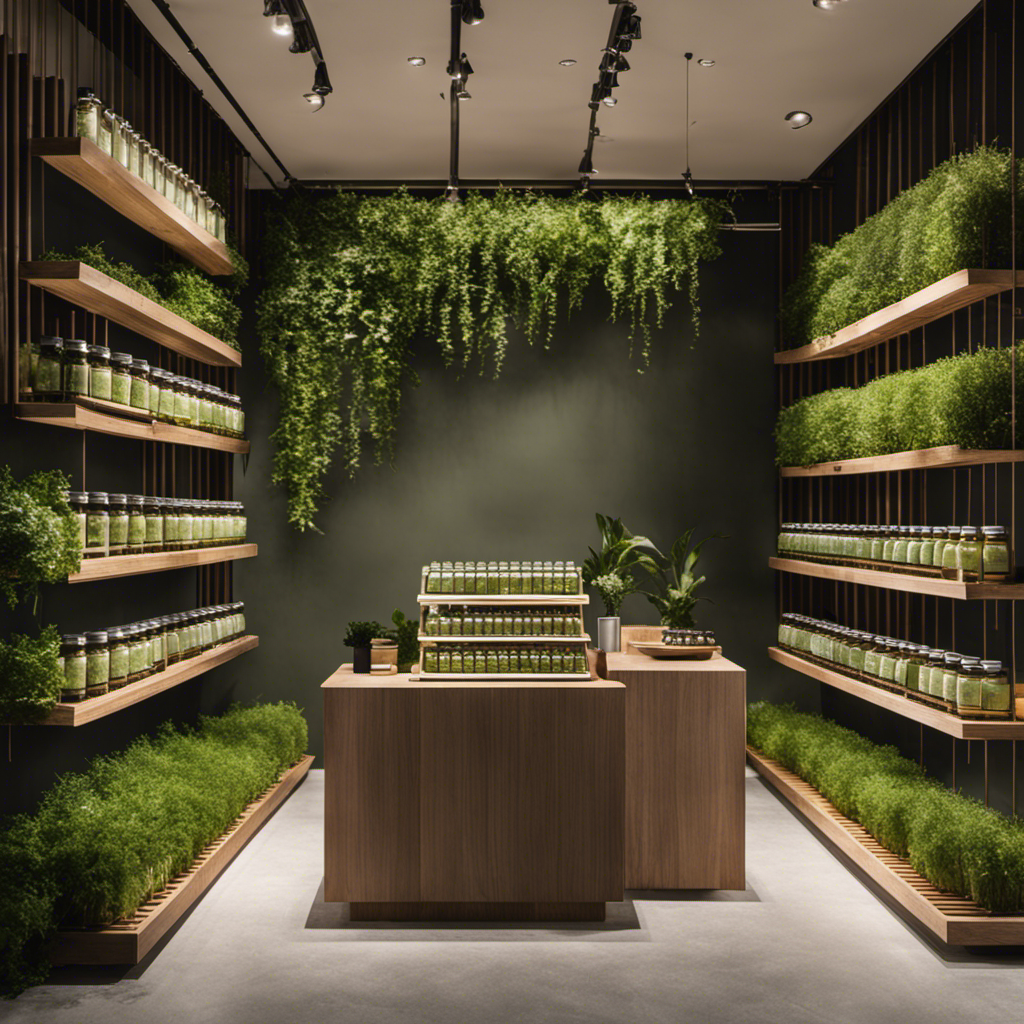 An image showcasing a serene and minimalist tea shop, adorned with lush greenery and wooden shelves lined with rows of beautifully packaged Green Tea Kombucha bottles