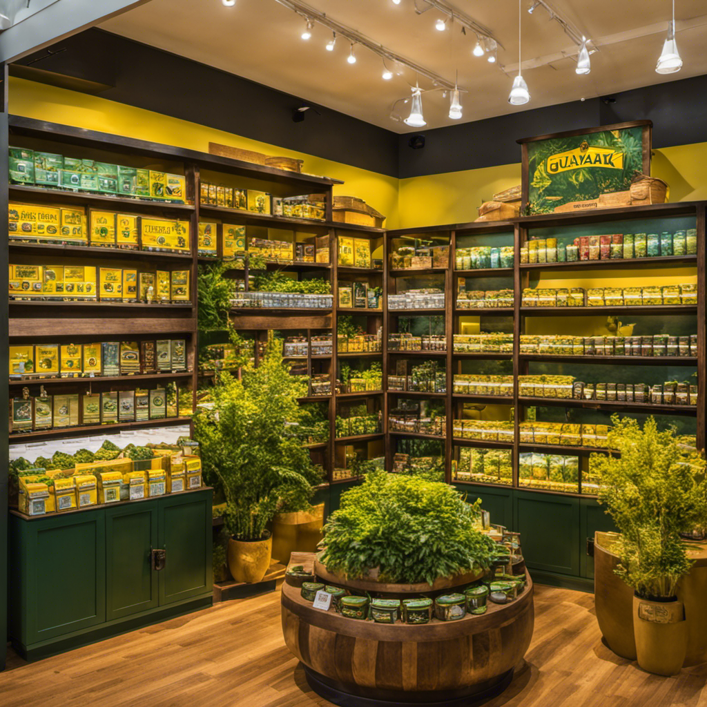 An image featuring a vibrant display of Guayaki Yerba Mate Tea Leaves showcased in an inviting, eco-friendly store