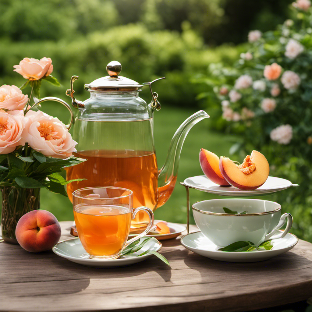 An image showcasing a serene tea garden with lush greenery and vibrant peach-colored flowers