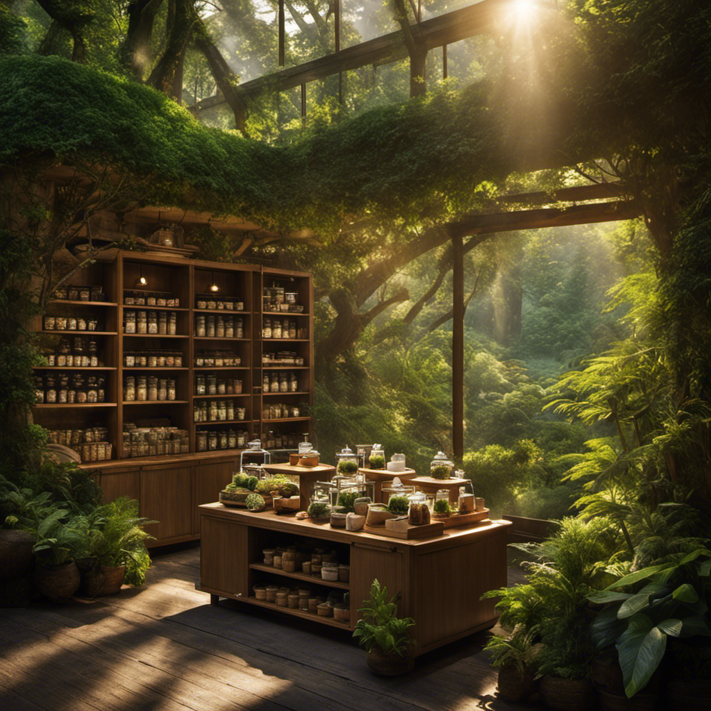 An image showcasing a serene tea shop nestled in a lush green forest, with sunlight filtering through the trees onto a display of various herbal mist teas infused with invigorating yerba mate leaves