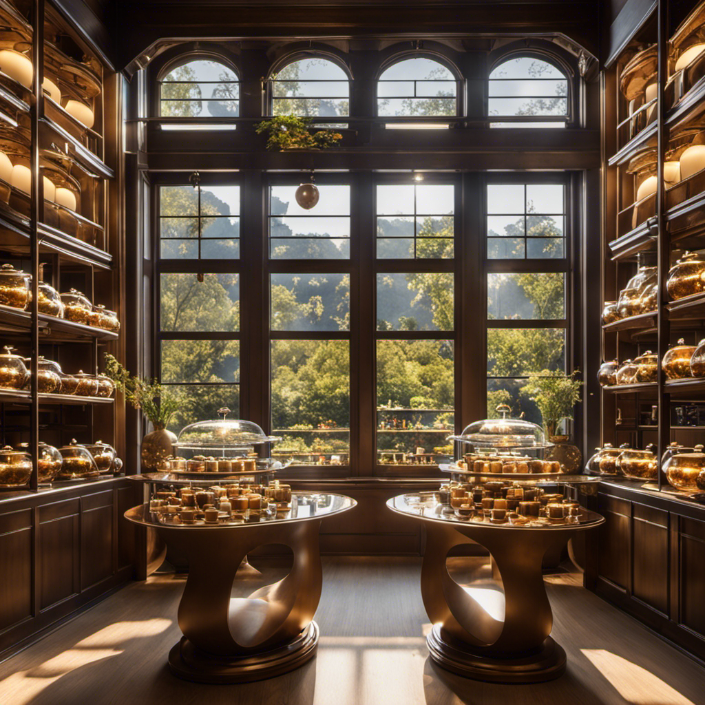 An image showcasing an elegant tea boutique, adorned with shelves of exquisite, handcrafted teapots and delicate porcelain cups
