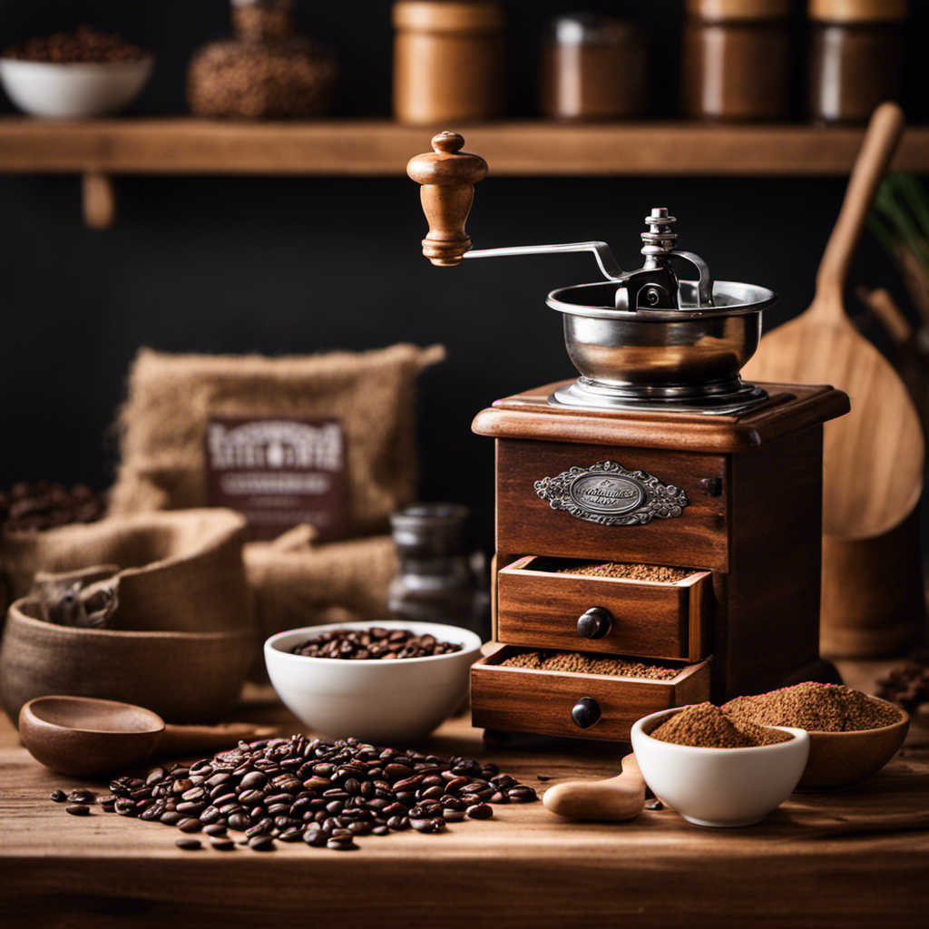 An image showcasing a cozy, rustic kitchen scene with a vintage coffee grinder on a wooden countertop