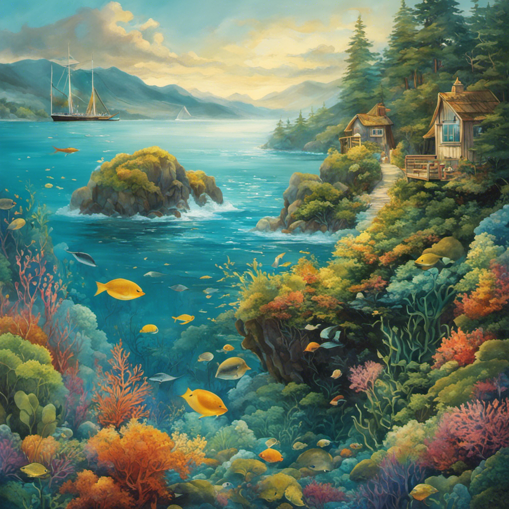 An image showcasing a serene seascape with vibrant kelp forests gently swaying in crystal-clear waters