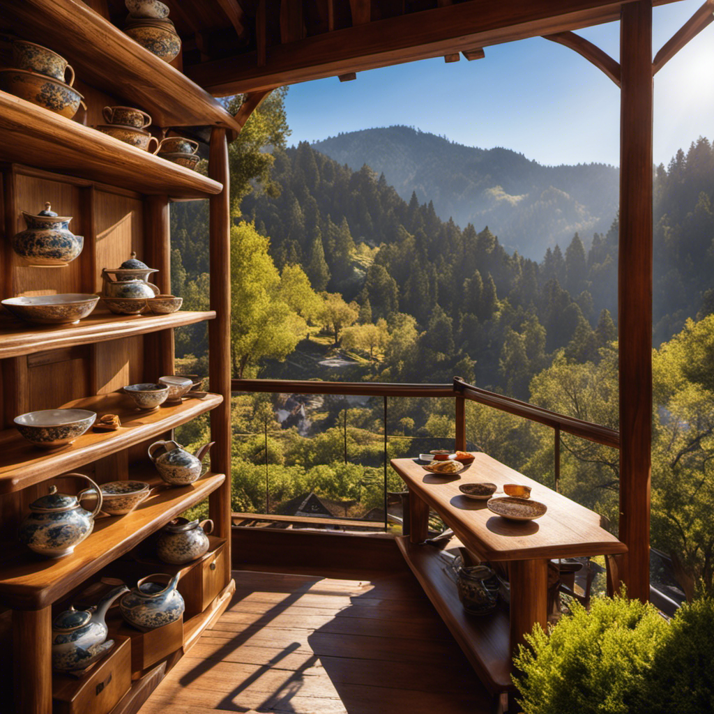 An image showcasing a charming teahouse nestled among the picturesque Sierra Nevada Mountains in Auburn, California
