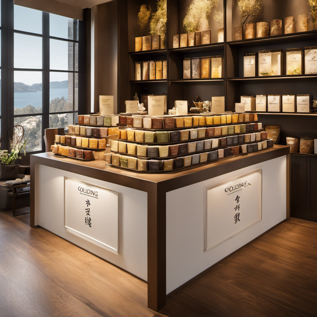 An image showcasing a serene tea shop, bathed in warm natural light