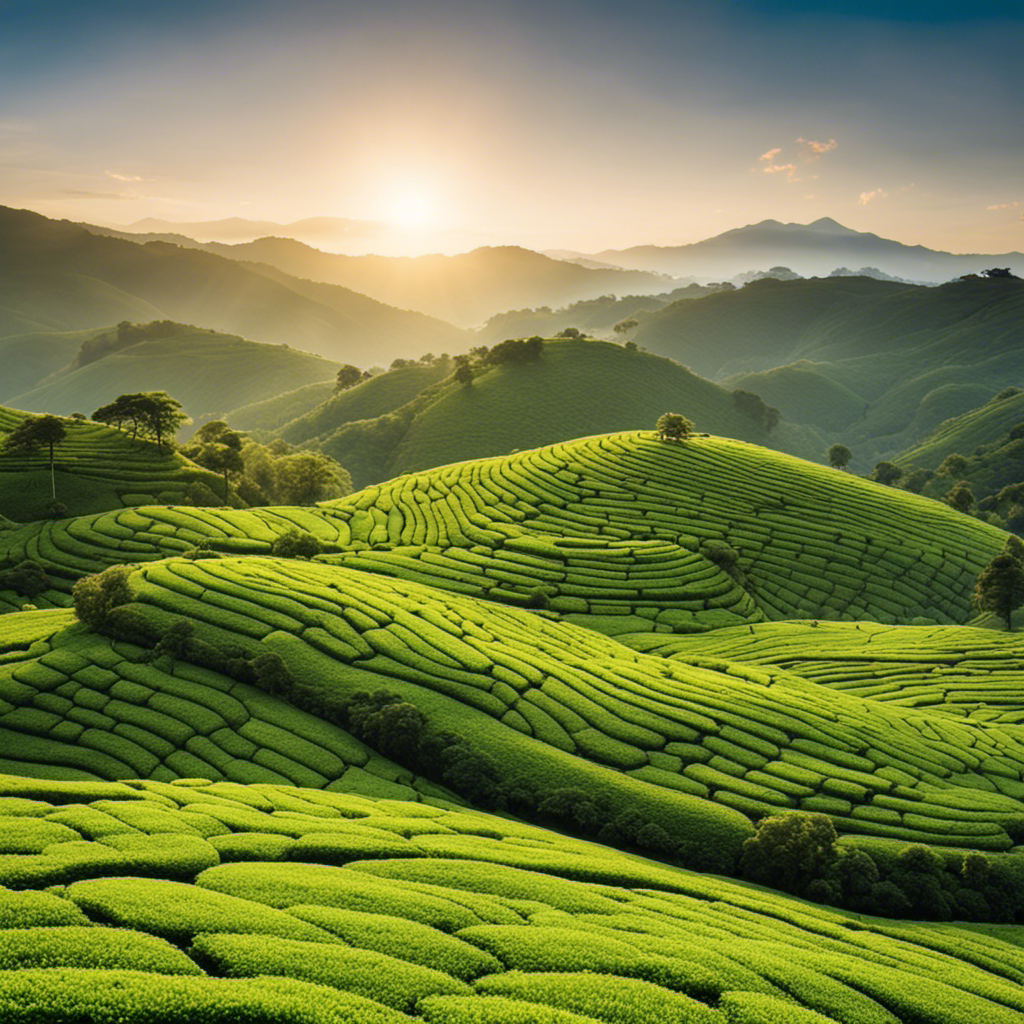 An image showcasing a serene tea plantation nestled amidst rolling hills, with lush green tea leaves glistening in the sunlight