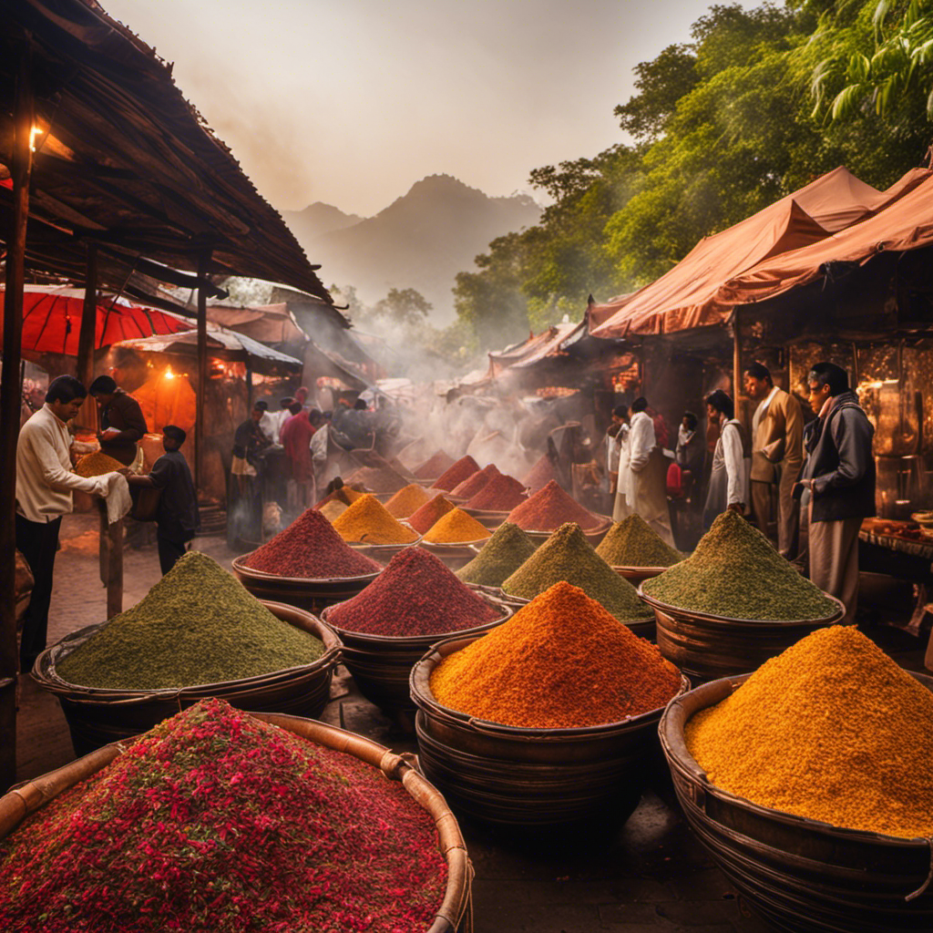 An image showcasing a bustling Indian tea market, with rows of vibrant stalls adorned with colorful tea leaves