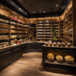 An image showcasing an inviting tea shop in Madera, CA, adorned with elegant wooden shelves holding an array of aromatic oolong tea leaves, while a knowledgeable tea connoisseur assists a customer in making their selection