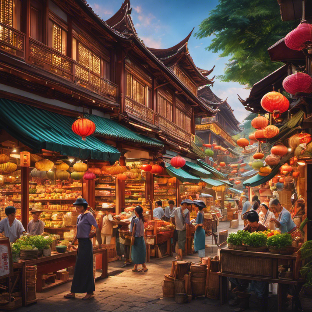 An image showcasing a vibrant Singaporean tea market