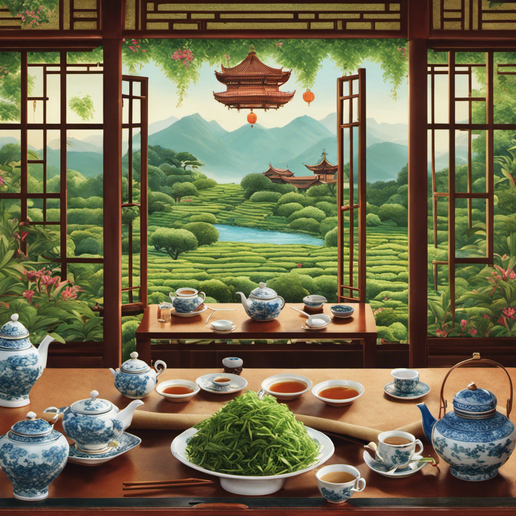 An image showcasing a serene tea garden nestled amidst a bustling Chinese restaurant
