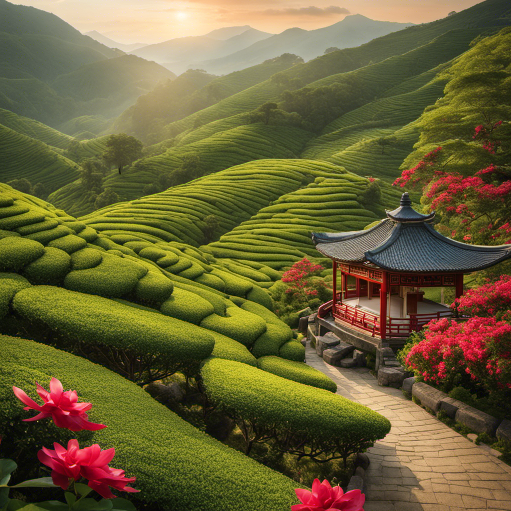 An image capturing a serene tea garden, with rolling hills covered in lush, vibrant tea bushes