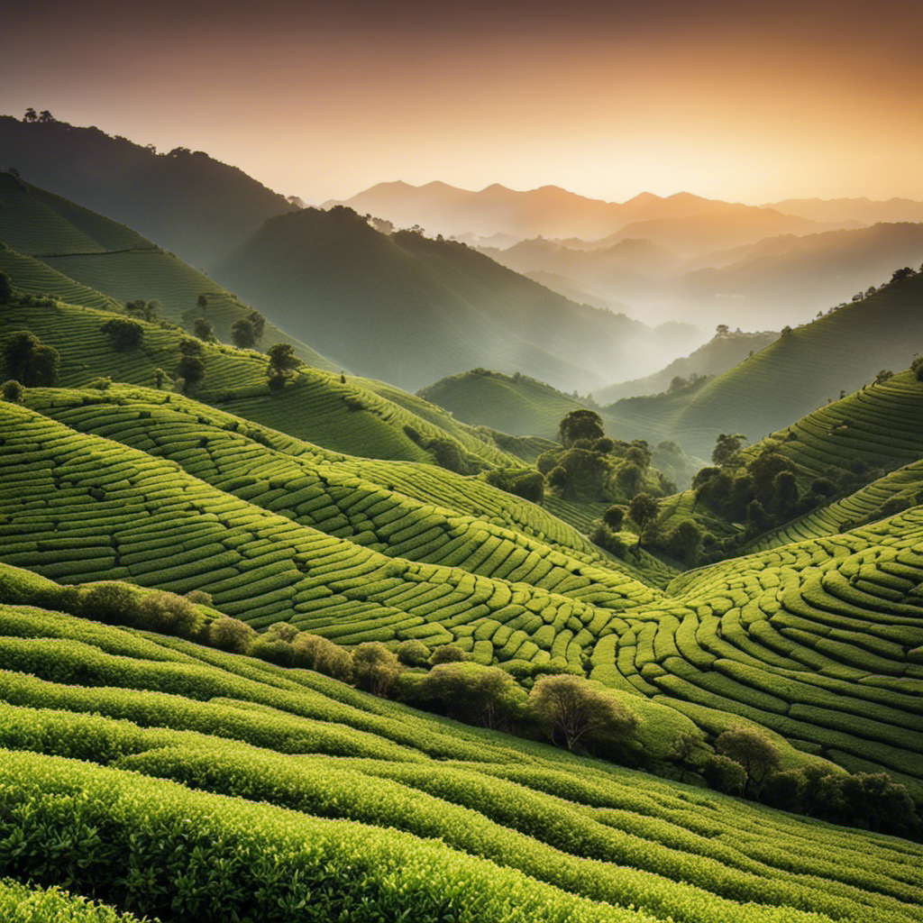 An image showcasing a serene tea plantation on a misty mountainside
