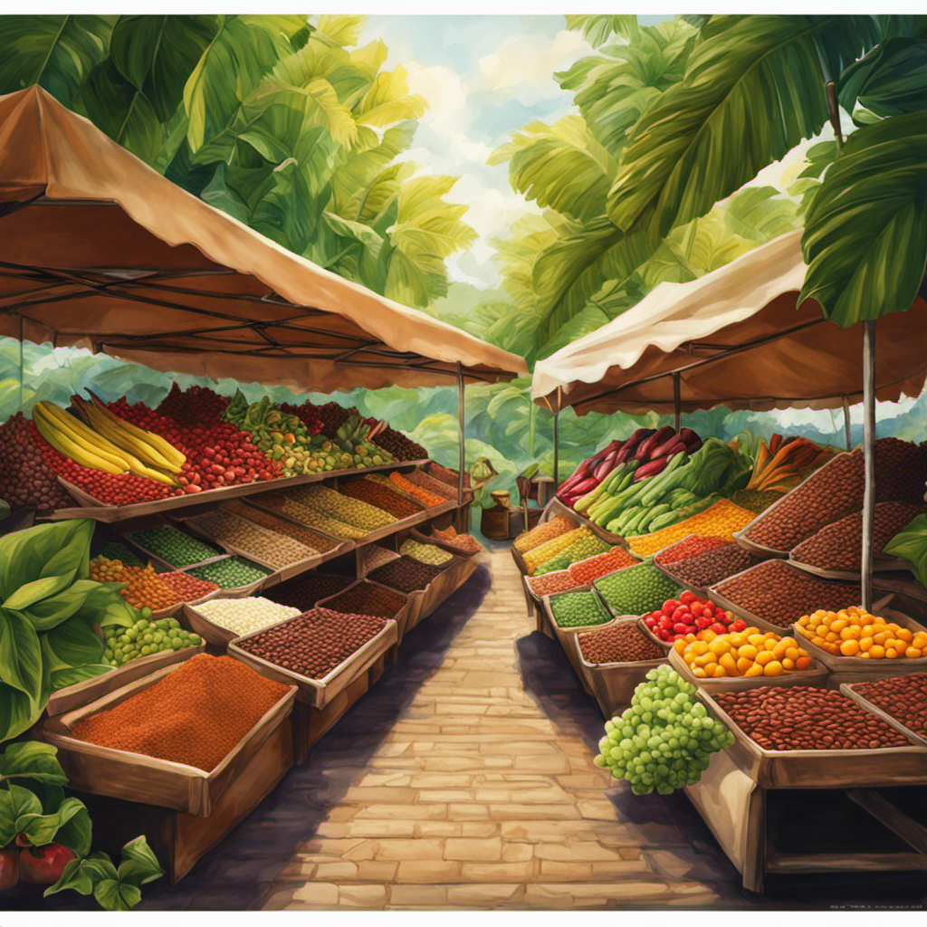 An image showcasing a vibrant farmer's market stall brimming with bags of fragrant organic raw unprocessed cacao beans, nestled amidst lush green foliage