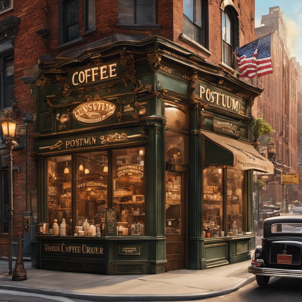 An image featuring a bustling corner in NYC, with a charming vintage-style coffee shop adorned with a Postum sign