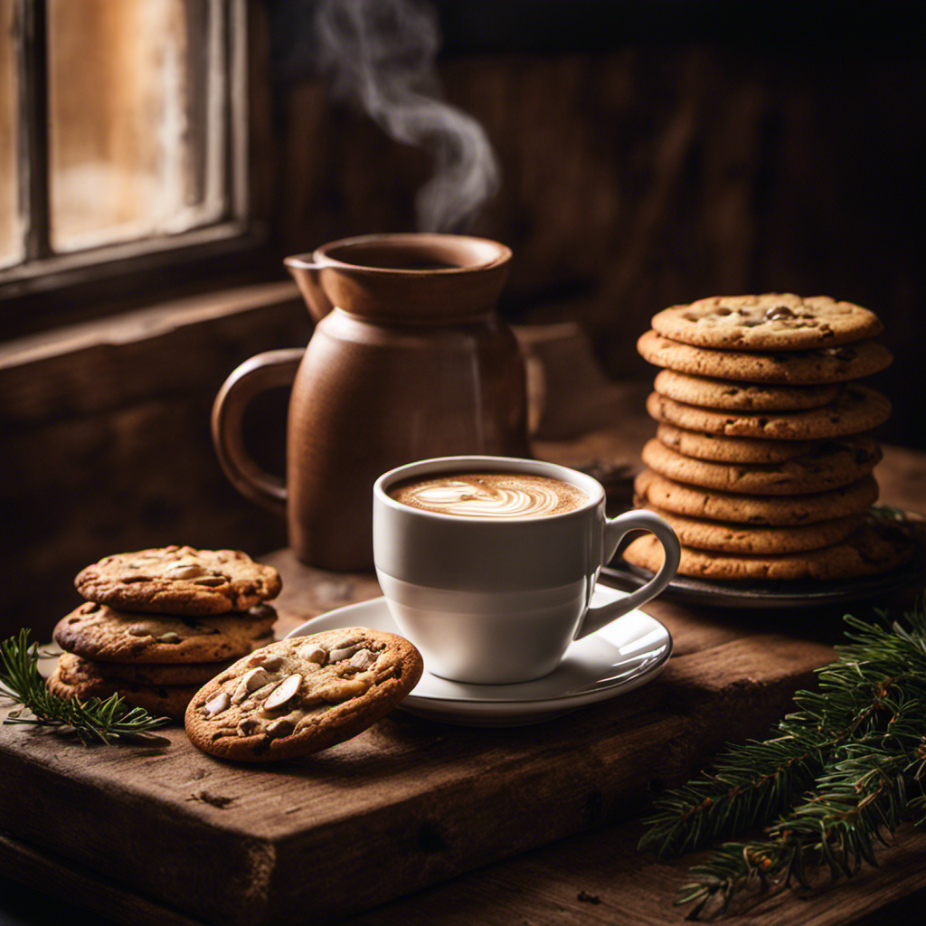 An image showcasing a cozy kitchen scene with a vintage coffee mug filled with steaming Postum Instant Natural Beverage, placed on a rustic wooden table next to a stack of freshly baked cookies