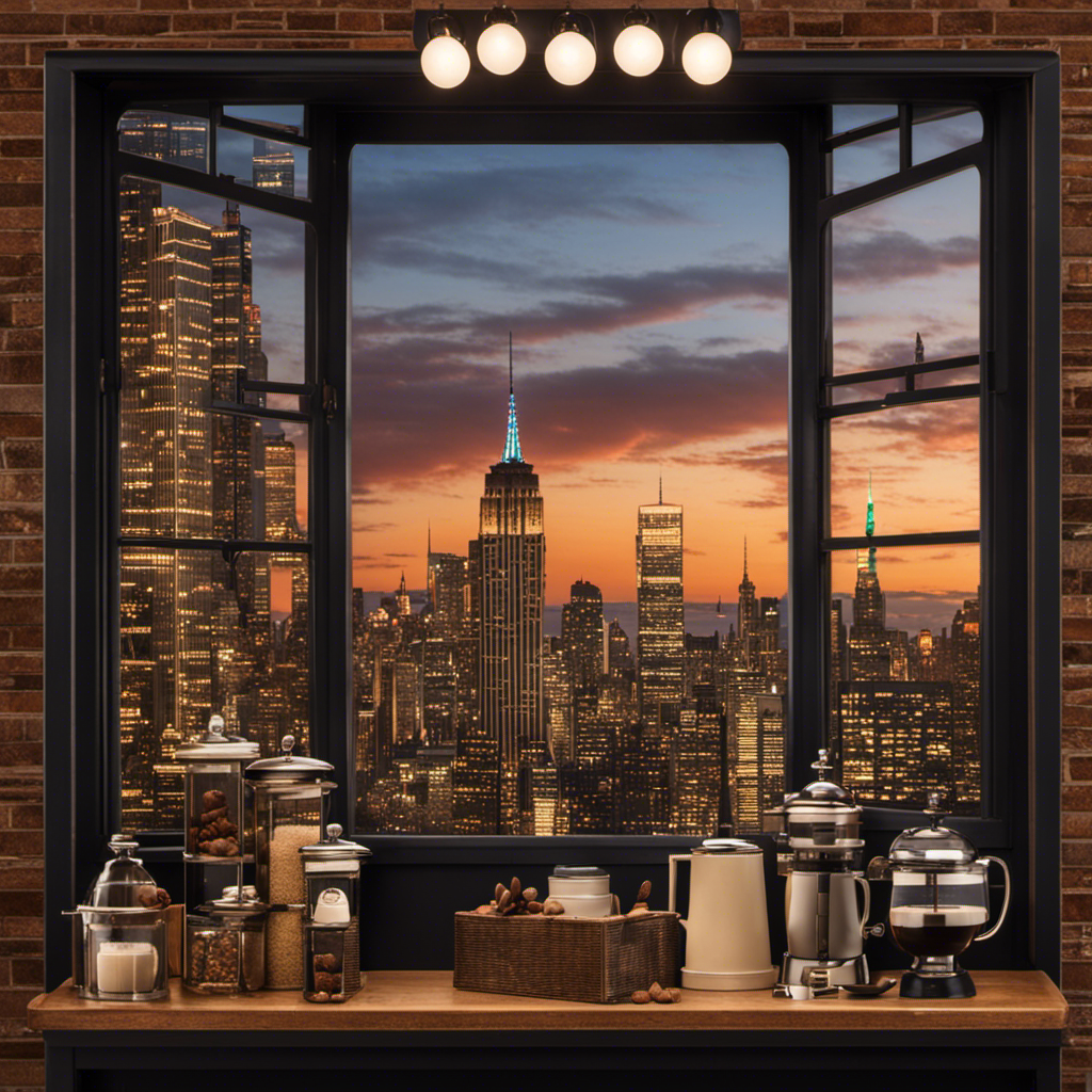 An image showcasing the iconic Manhattan skyline at dusk, with a vintage-style coffee shop nestled among the towering buildings