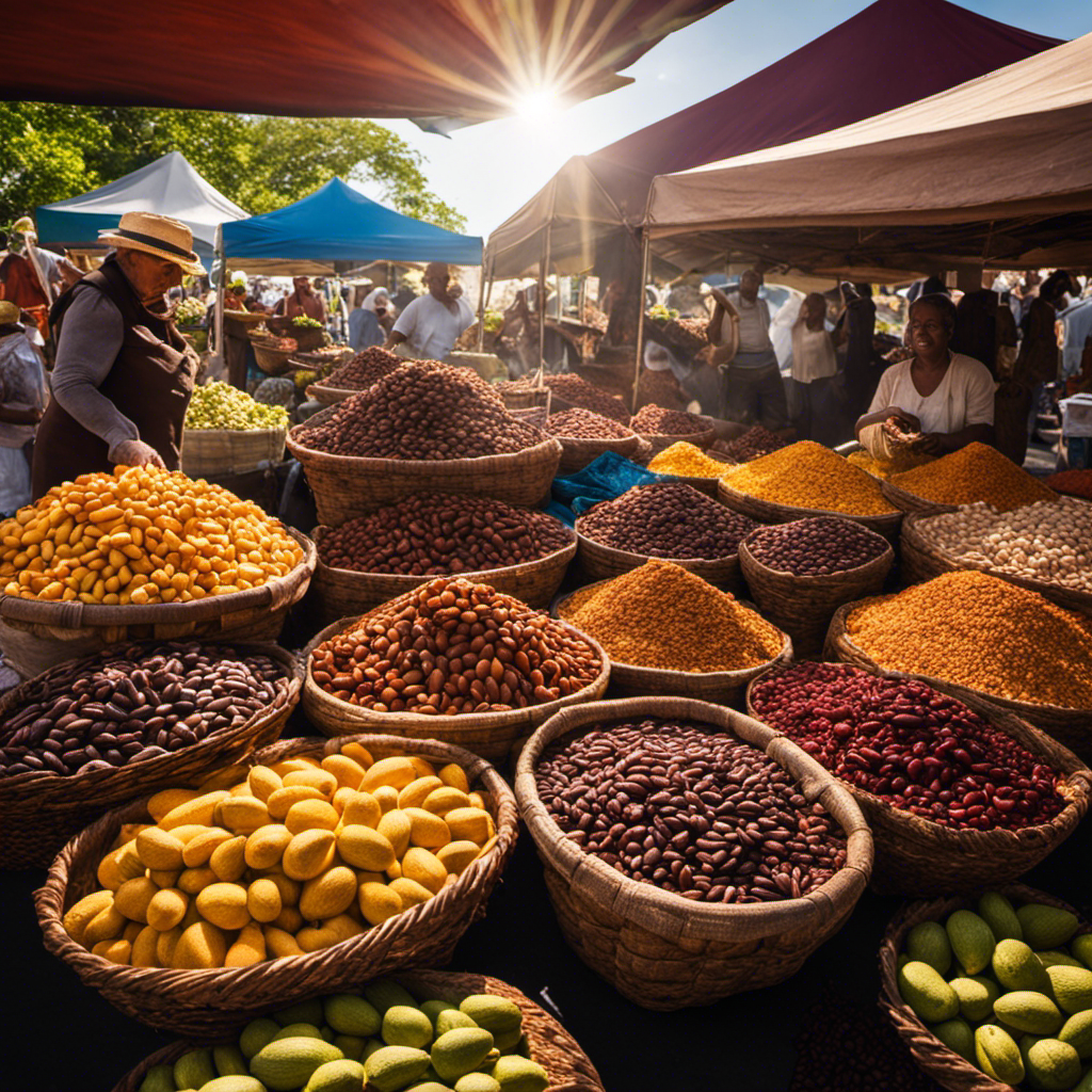 An image showcasing a vibrant, bustling farmers market filled with overflowing baskets of rich, dark raw cacao beans