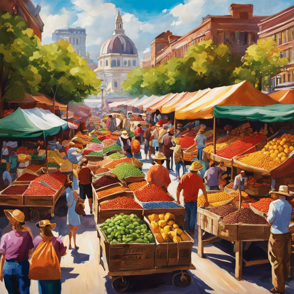 An image depicting a bustling farmer's market, adorned with colorful stalls brimming with bags of rich, velvety raw cacao powder