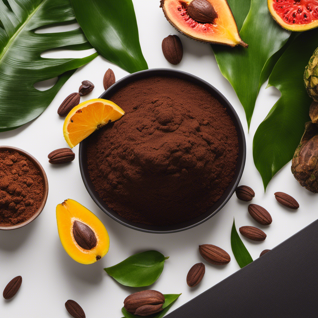 An image showcasing an inviting display of rich, dark raw cacao powder in various packaging sizes, surrounded by vibrant green tropical leaves and exotic fruits, evoking a sense of indulgence and health in Fort Worth