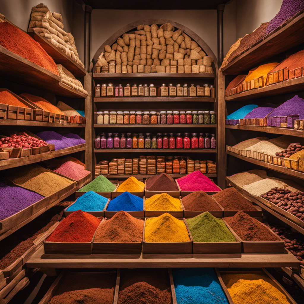 An image showcasing a vibrant farmers market stall, adorned with colorful sacks of raw cacao powder