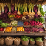 An image showcasing a rustic farmer's market stall adorned with heaps of fresh, earthy chicory roots