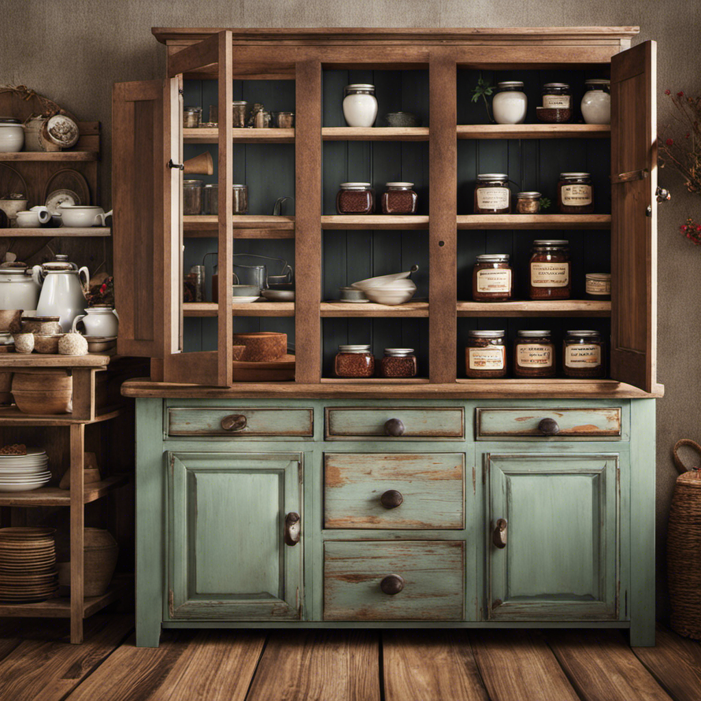 An image showcasing a cozy, rustic kitchen with a vintage cupboard filled with jars of Red Label Postum, inviting readers to discover where to buy this rich, aromatic beverage