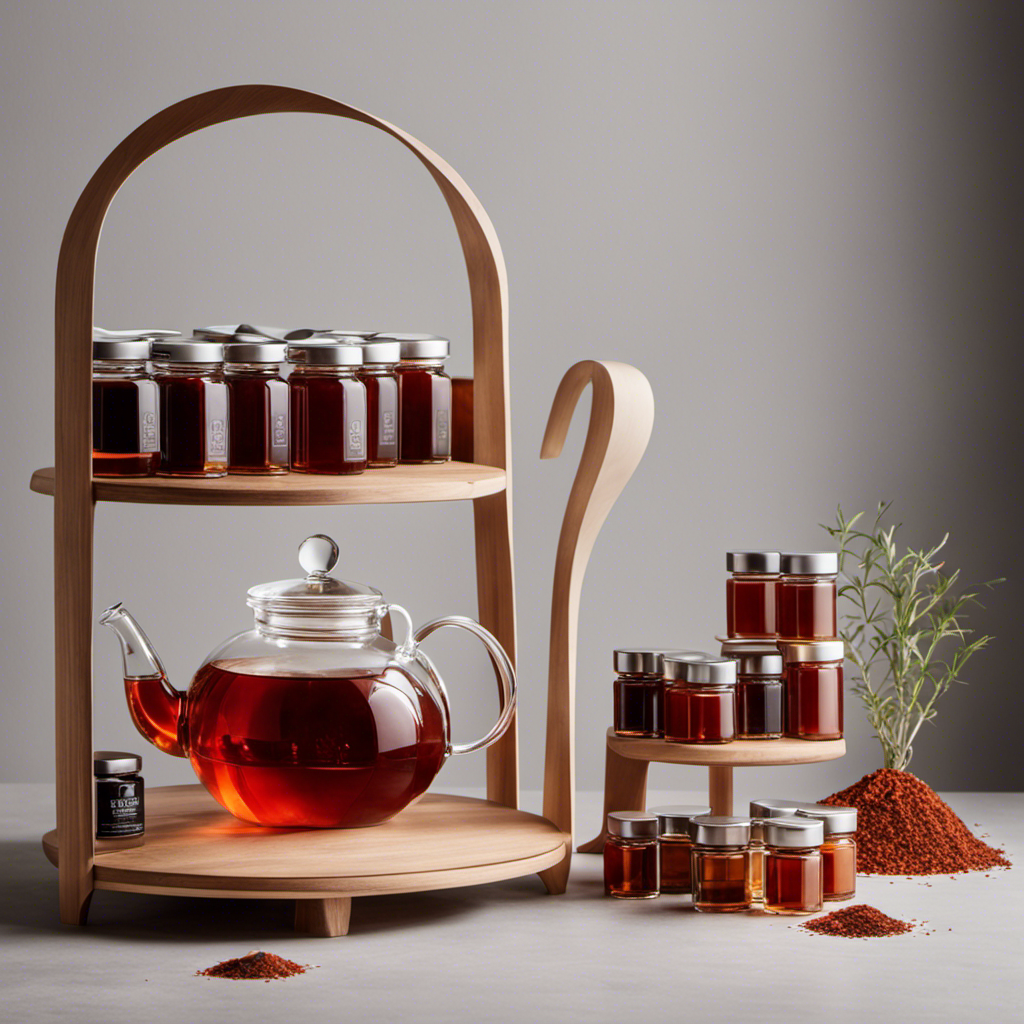 An image featuring a serene, minimalist kitchen counter adorned with an elegant glass teapot, overflowing with vibrant, deep-red rooibos tea