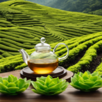 An image showcasing a serene tea plantation with lush green tea leaves, gently swaying in the breeze