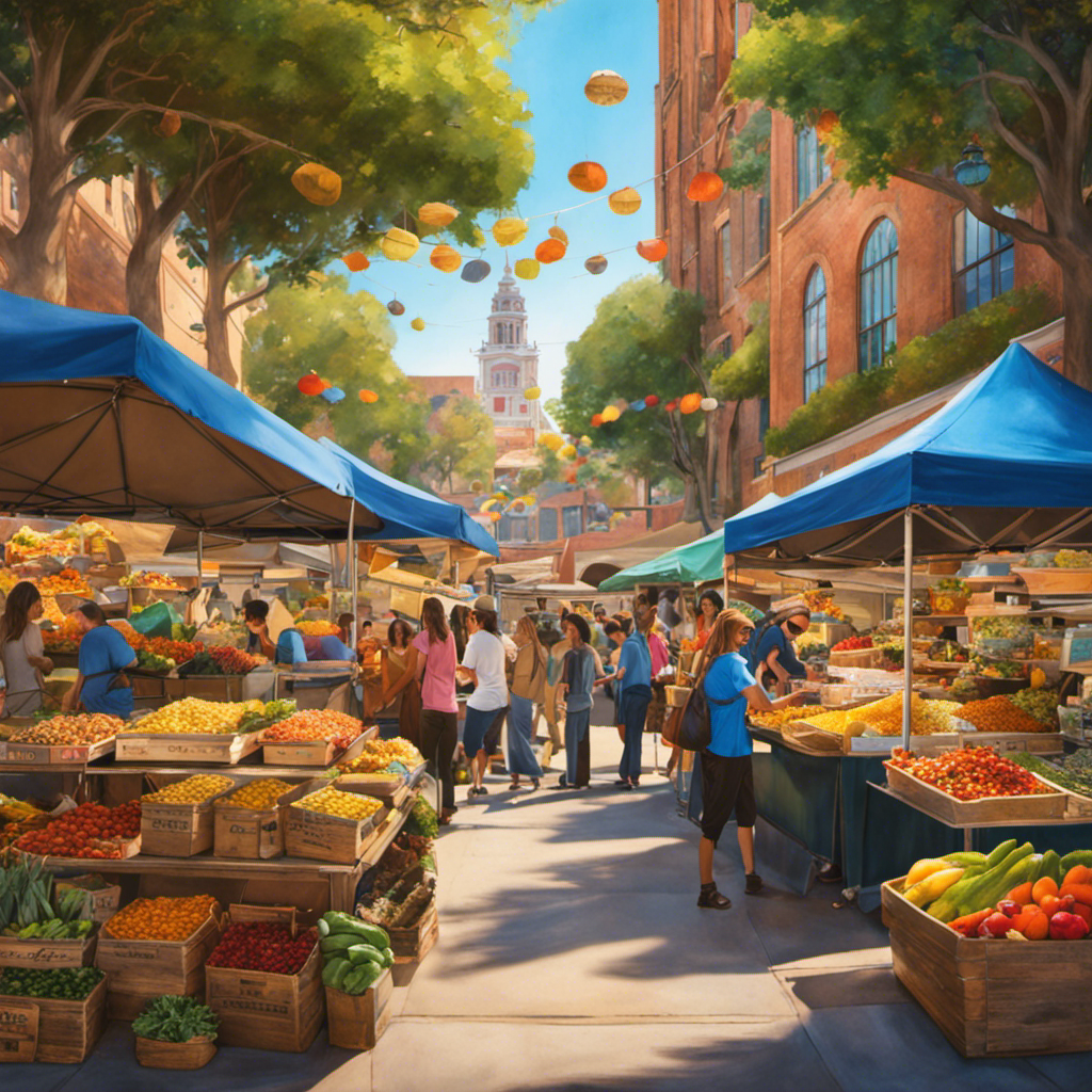 An image showcasing a buzzing corner of UCLA's campus, capturing an array of vibrant stalls at a bustling farmer's market, with one stall adorned with colorful bags of Yerba Mate