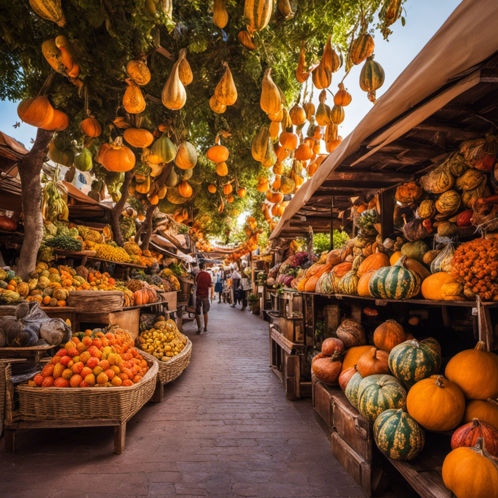 An image that showcases the vibrant streets of Valencia, CA, with a quaint local market stall adorned with colorful gourds filled with aromatic yerba mate, attracting visitors with its inviting atmosphere