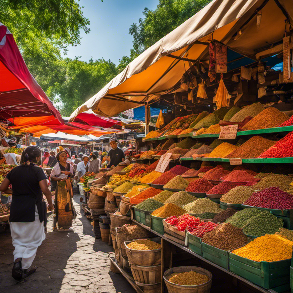 An image showcasing a vibrant, bustling open-air market filled with colorful stalls adorned with an array of aromatic herbs, fruits, and spices