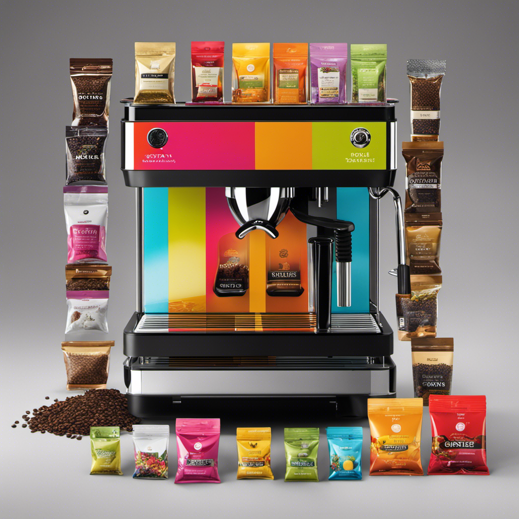 An image showcasing a modern espresso machine surrounded by a variety of colorful, neatly arranged yerba mate packages